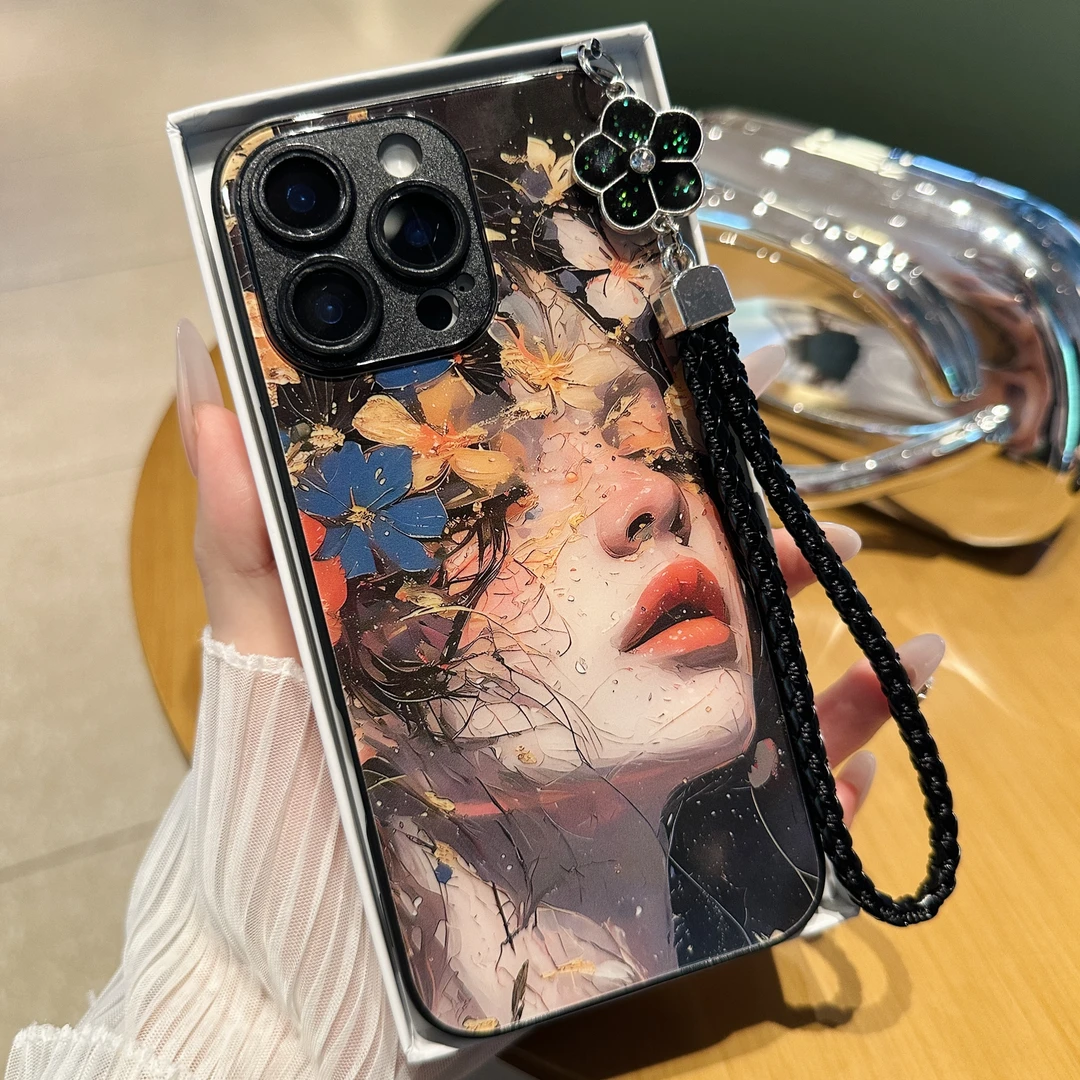繁花似锦个性适用苹果/华为/小米/OPPO/vivo金属漆玻璃挂绳手机壳