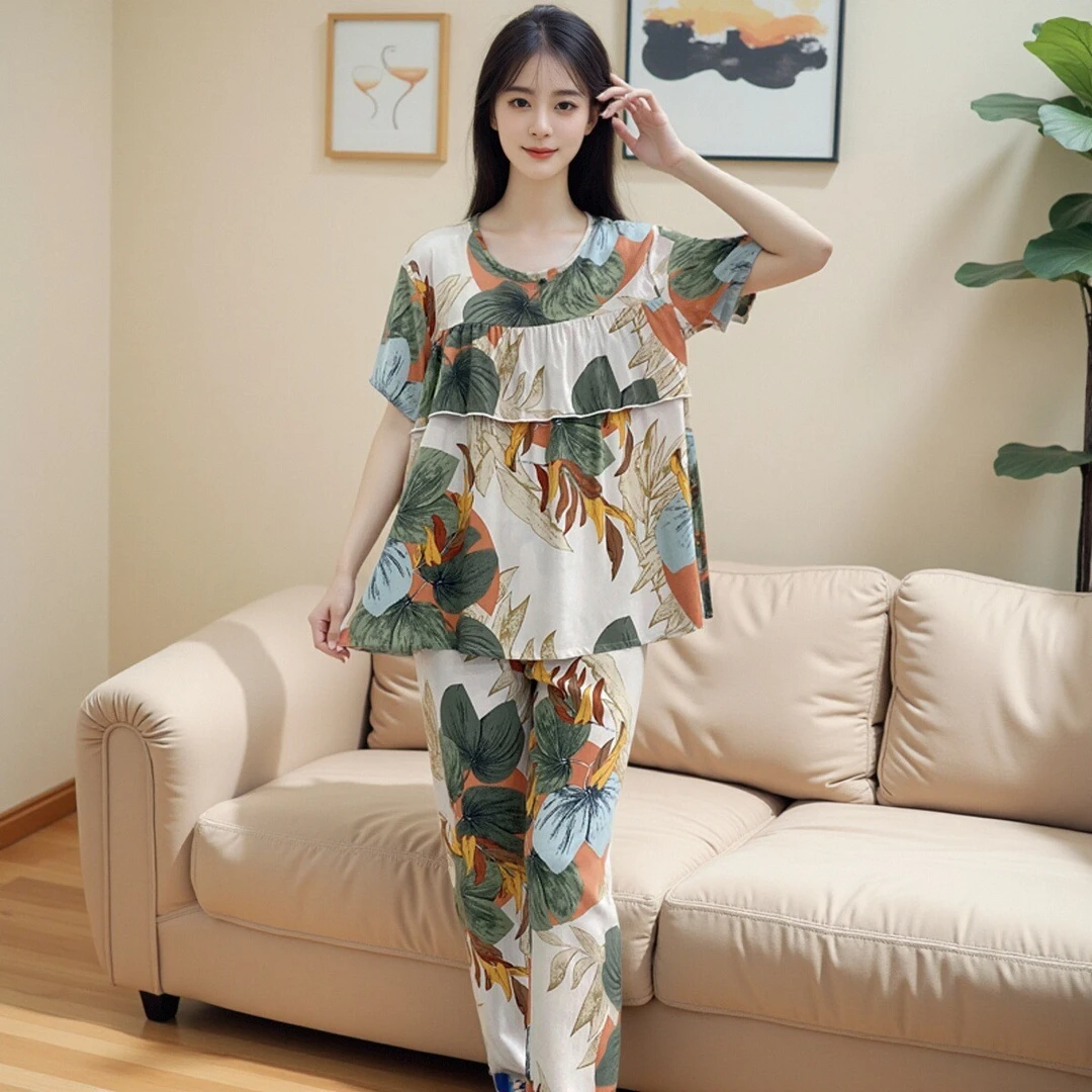女款睡衣女家居服短袖长裤大码印花防走光胖mm棉绸睡衣起居服Y112