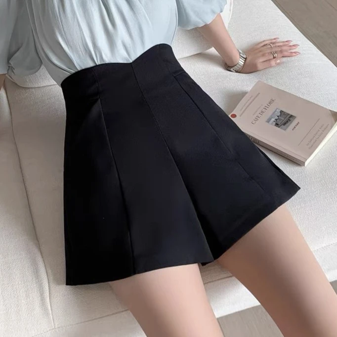 新款立裁高腰a字西装短裤女小个子显瘦显高阔腿时尚百搭小黑裤女