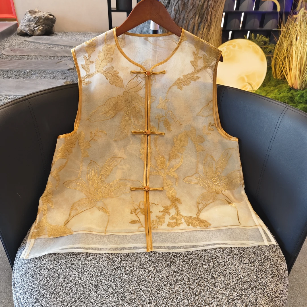 【金风玉露】夏季新款马甲新中式宽松圆领网纱绣花上衣马夹女款