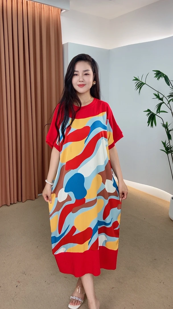 046号女装复古夏季气质优雅印花连衣裙显瘦气质大摆裙长款时尚