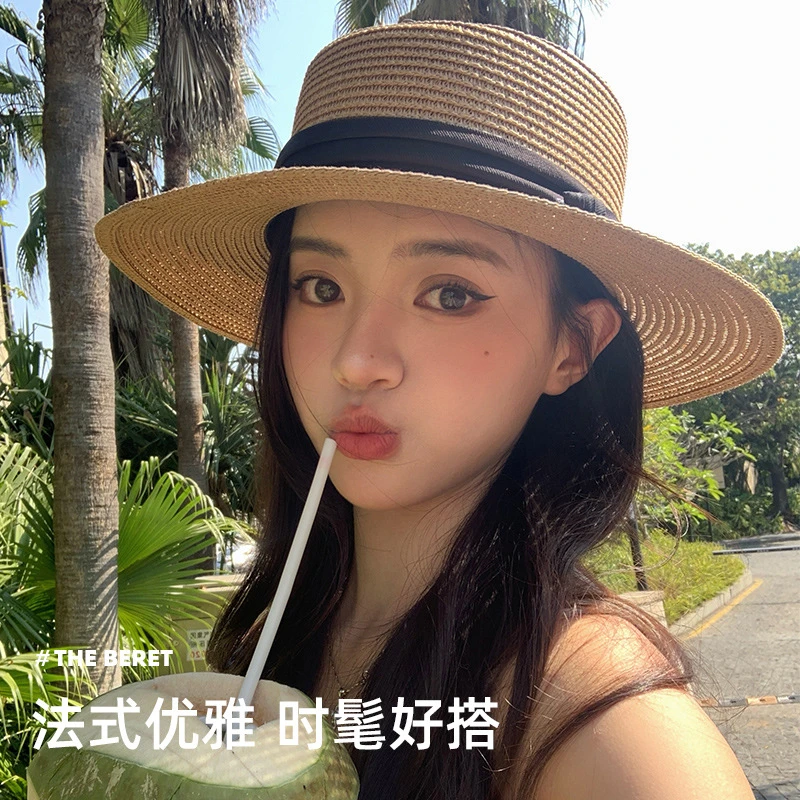 新款法式夏天草帽帽子女款度假网红时尚夏季帽子鸭舌帽户外编织