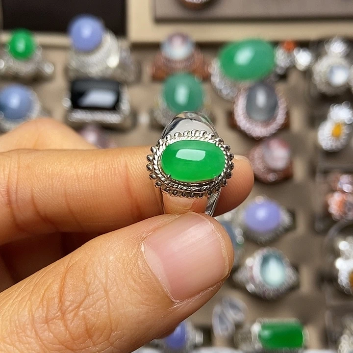 翡翠合金戒指翡翠糯冰果阳绿戒面