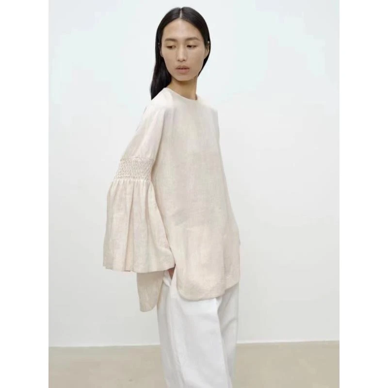 FRAME粉色藏青亚麻圆领后拉链衬衫