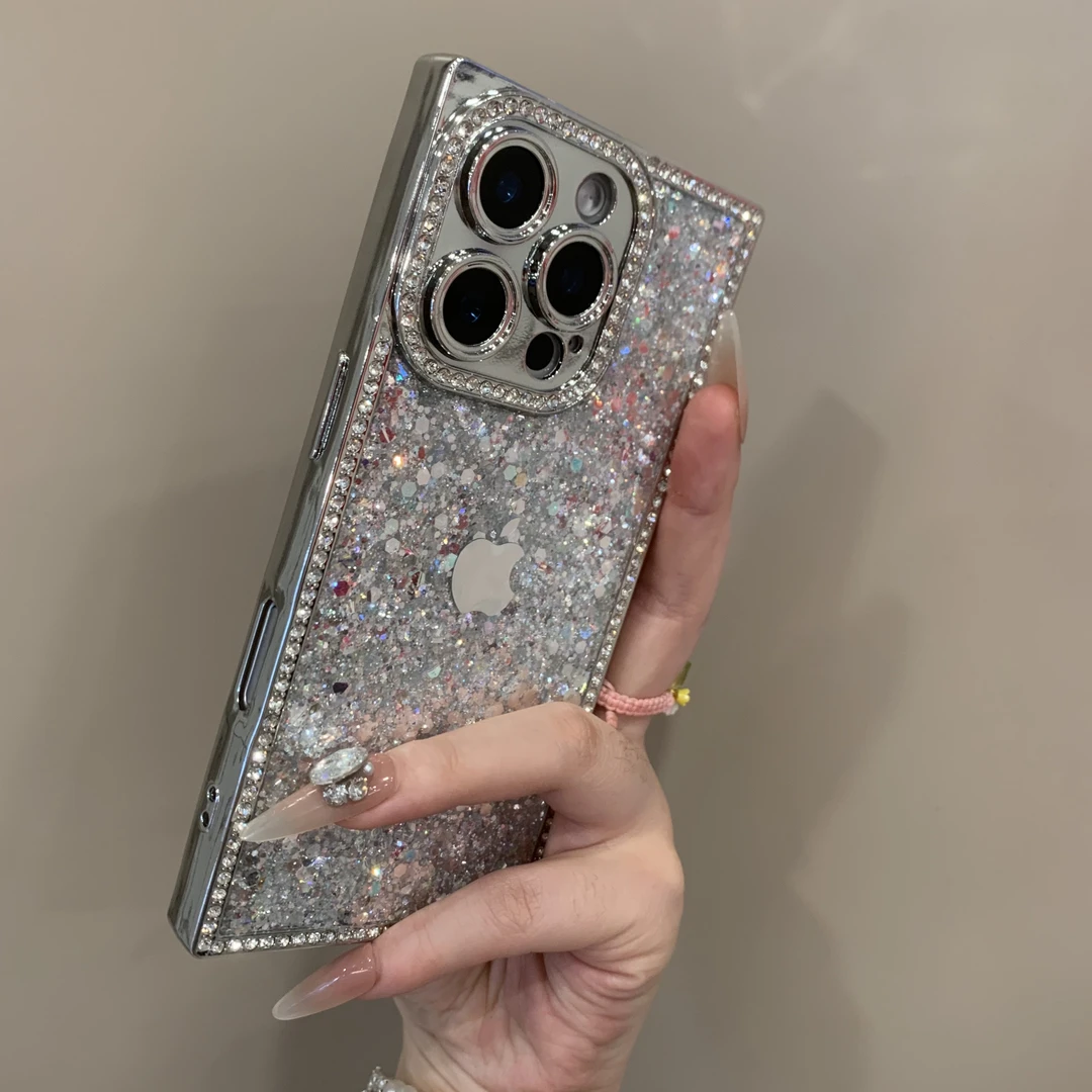 高颜值适用苹果16/15promax闪粉方形ins风奢华iPhone14女13手机壳