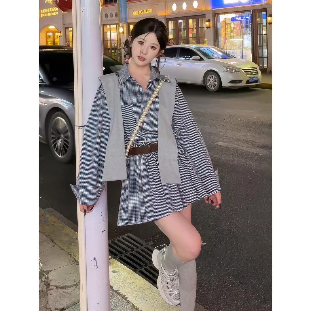 韩系穿搭格子衬衫连衣裙女早秋2025新款气质感绝美巨好看的小裙子
