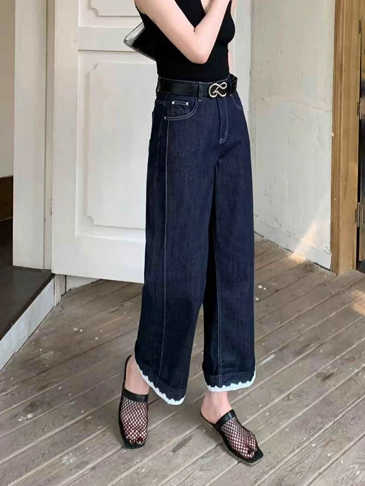 欧版2025夏季薄款蕾丝翻边九分直筒牛仔裤高腰显瘦阔腿裤子宽松