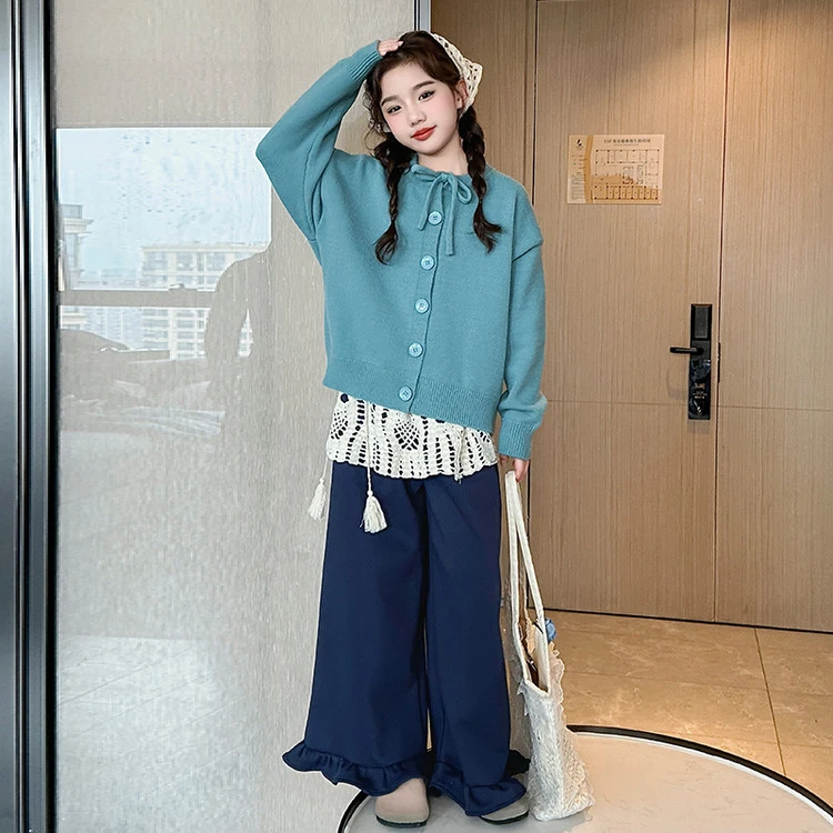 女童慵懒风毛衣开衫2025新款女大童花边休闲裤叠穿镂空半裙三件套