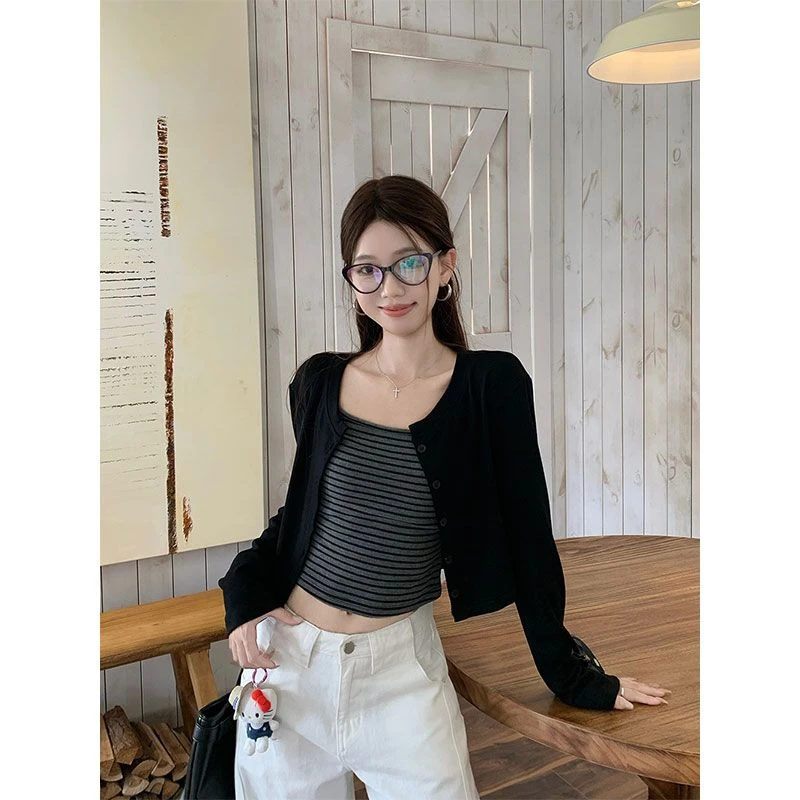 晨领【原版品质】撞色条纹吊带背心套装秋季长袖开衫短款外套两件