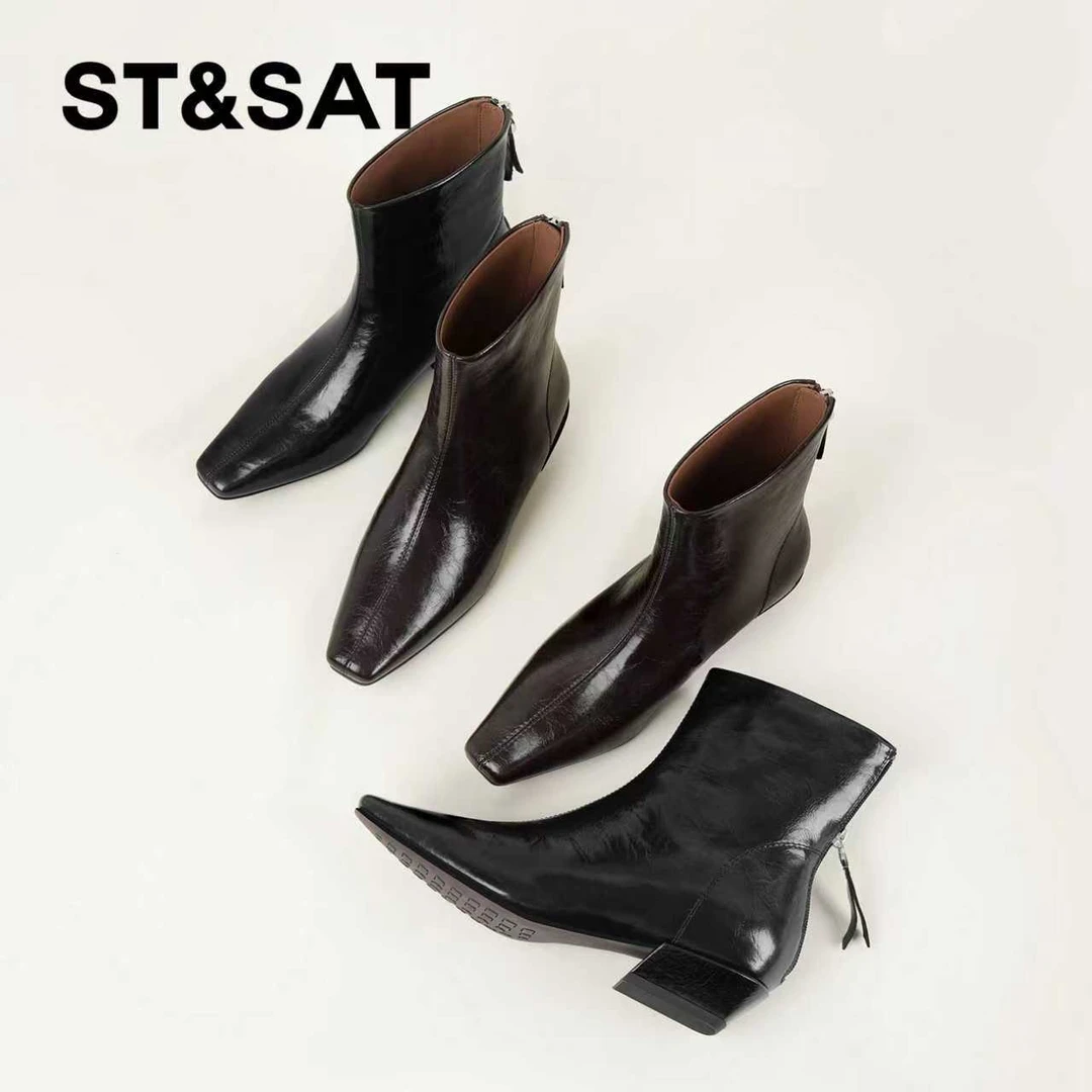St&Sat/星期六方头粗跟短靴气质时尚时装靴百搭真皮女靴时尚休闲