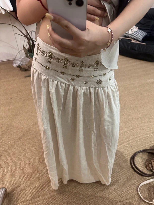 【米妮】“伊甸园”米白色半身裙女夏季薄款裙子假日复古低腰长裙