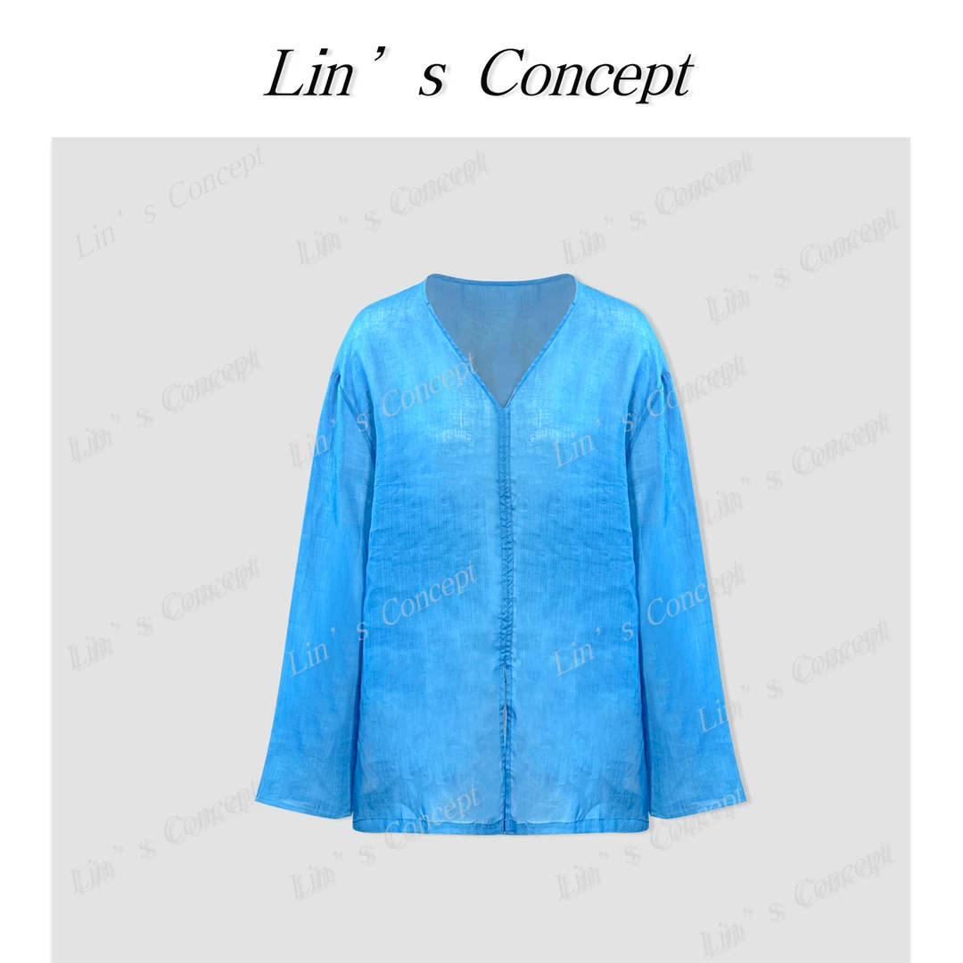 【Lin's concept】纯色老钱风无扣V领宽松衬衫 DL2405847