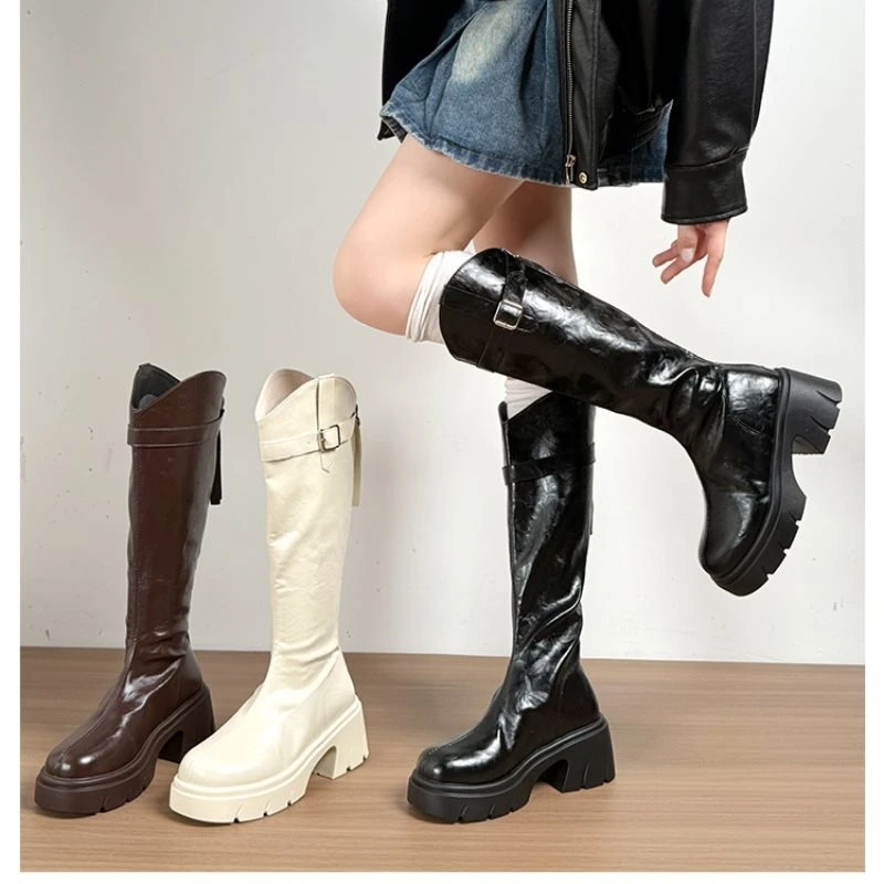 长靴骑士感高筒不过设计韩版2025长筒靴膝靴女褶皱小个子堆堆新款
