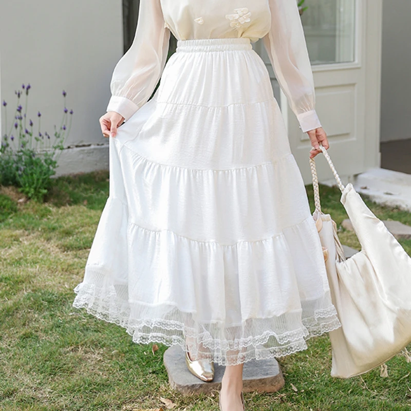 菲媛流光溢彩蕾丝花边拼接裙女 早春新款女装温柔甜美大摆半身裙