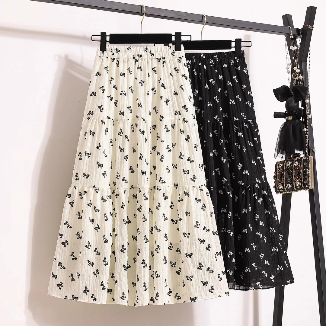 拉夏贝尔 碎花垂感显瘦半身裙女夏季松紧腰a字裙荷叶边中长款伞裙