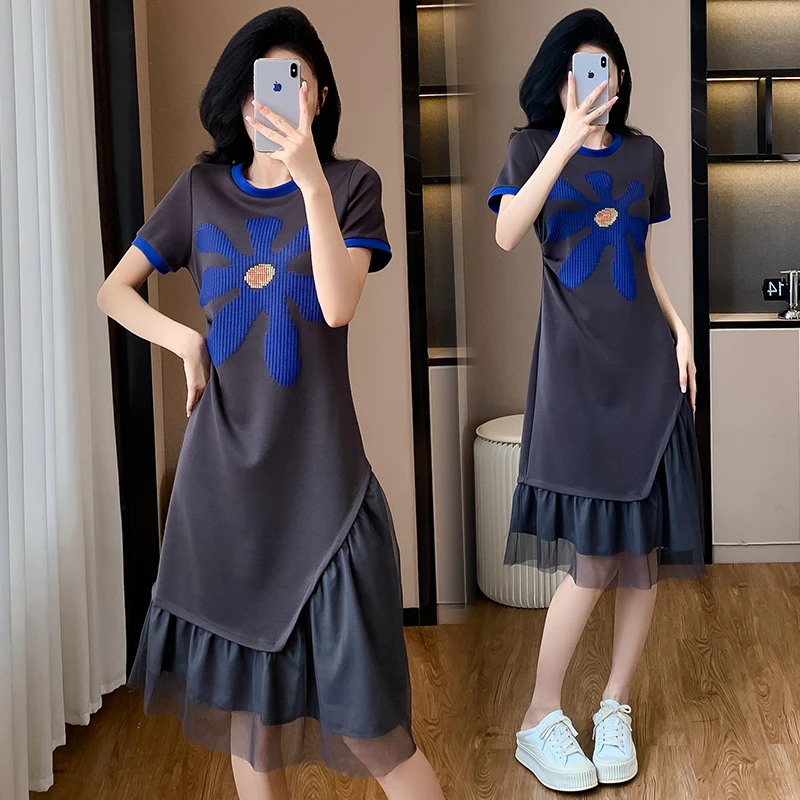 时尚显瘦夏季辣妈韩版连衣裙拼接树脂固色中长款纯色法式减龄