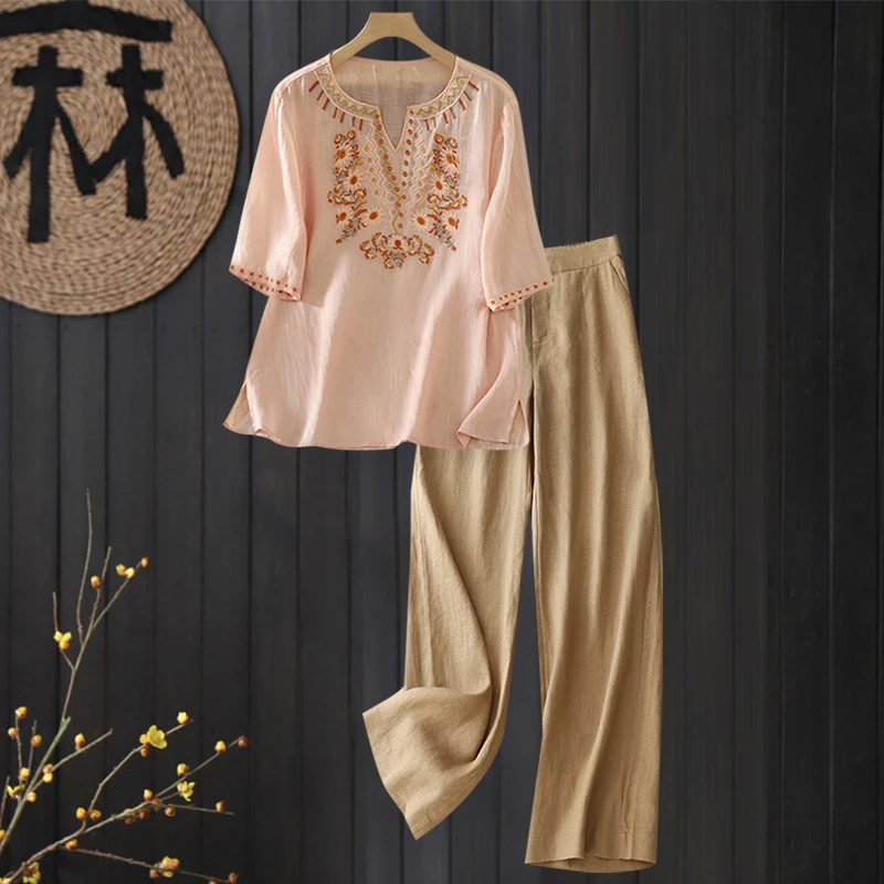 妈妈夏装国风亚麻套装女士2025新款复古苎麻刺绣衬衫阔腿裤两件套