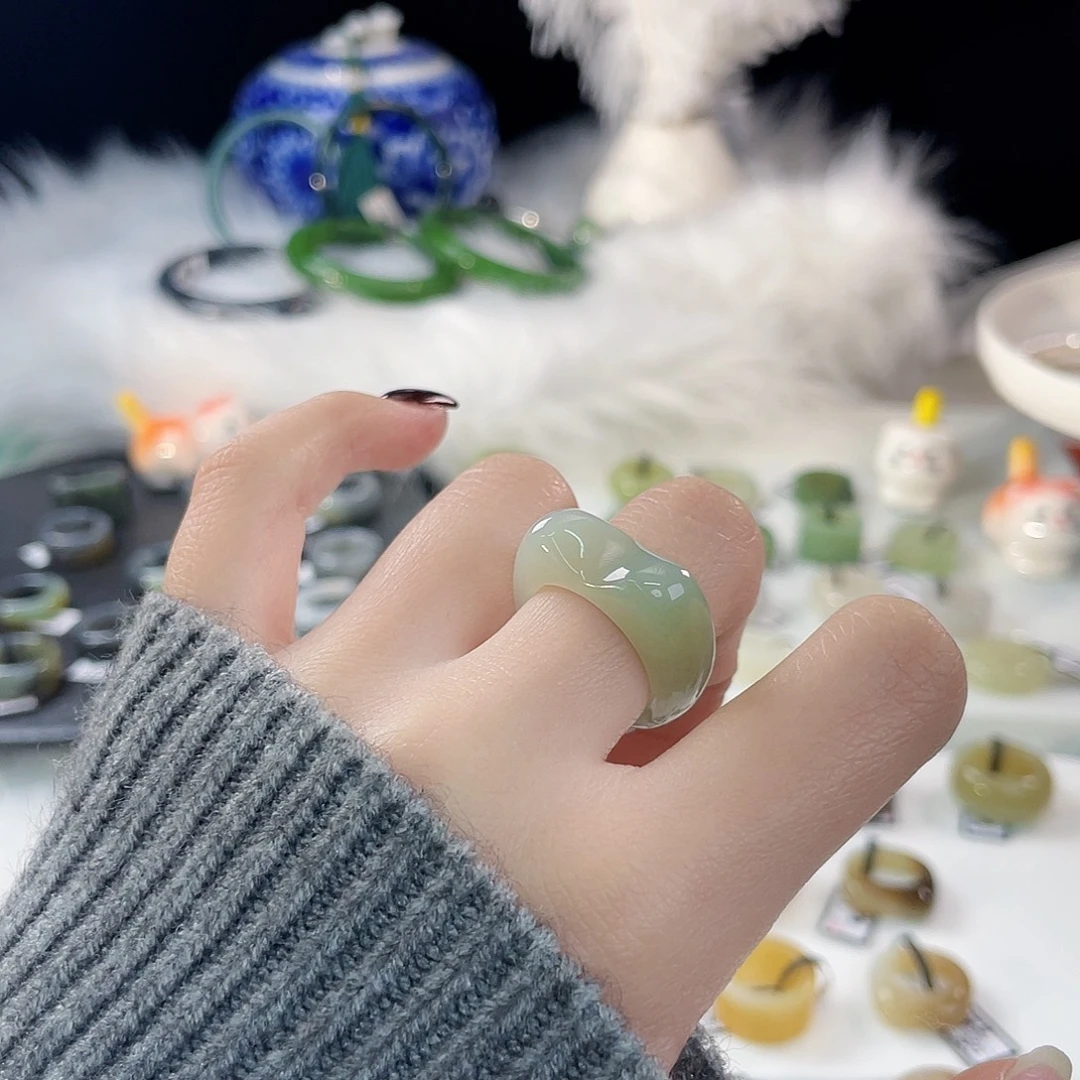 和田玉未镶嵌戒指k71 奶蓝飘翠猫耳17.8