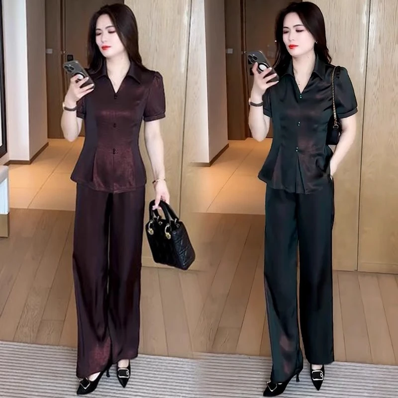 时尚套装女2025夏季新款洋气质收腰显瘦翻领短袖上衣阔腿裤两件套