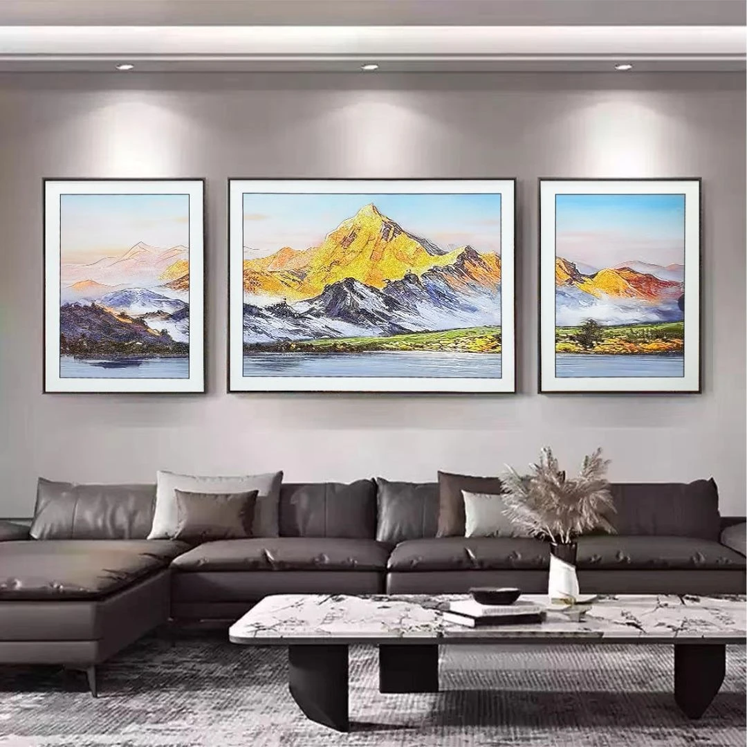 D27日照金山2沙发背景墙装饰画现代轻奢3D立体高档实物立体三联画