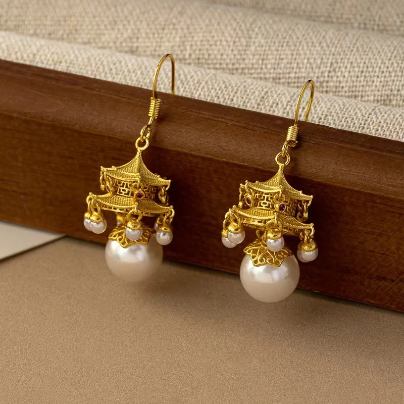 古法铜镀新中式亭子宫灯宫廷风高级感时尚百搭复古古风耳饰