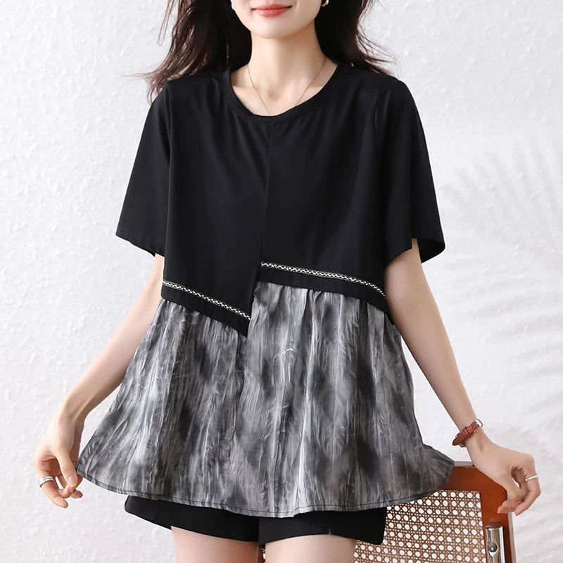 2025新款假两件拼接t恤女短袖夏季宽松显瘦时尚遮肚圆领休闲上衣