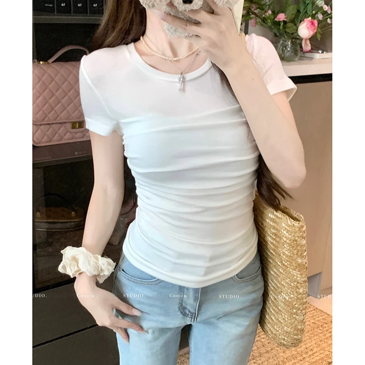 网纱拼接短袖t恤女2025新款夏季设计感小众半高领修身小衫上衣ins