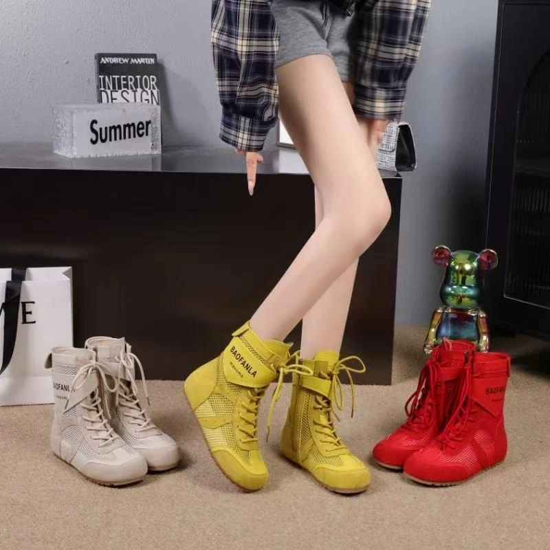 内增高拳击鞋女2025年夏季新款网面透气马丁靴休闲运动高帮德训鞋