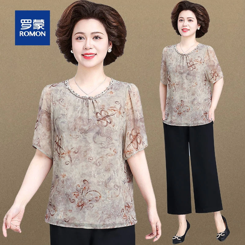 罗蒙妈妈夏装雪纺衫套装女2025新款中老年小衫夏季高档短袖上衣服