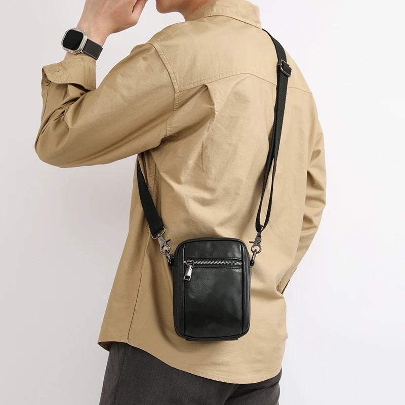 时尚简约男士单肩斜挎包真皮手机包竖款小号腰包男头层牛皮便携