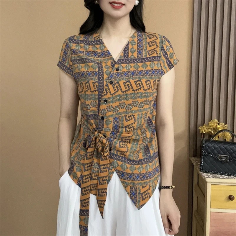 2025夏季新款时尚不规则洋气短袖气质百搭V领显瘦开衫扣上衣25711