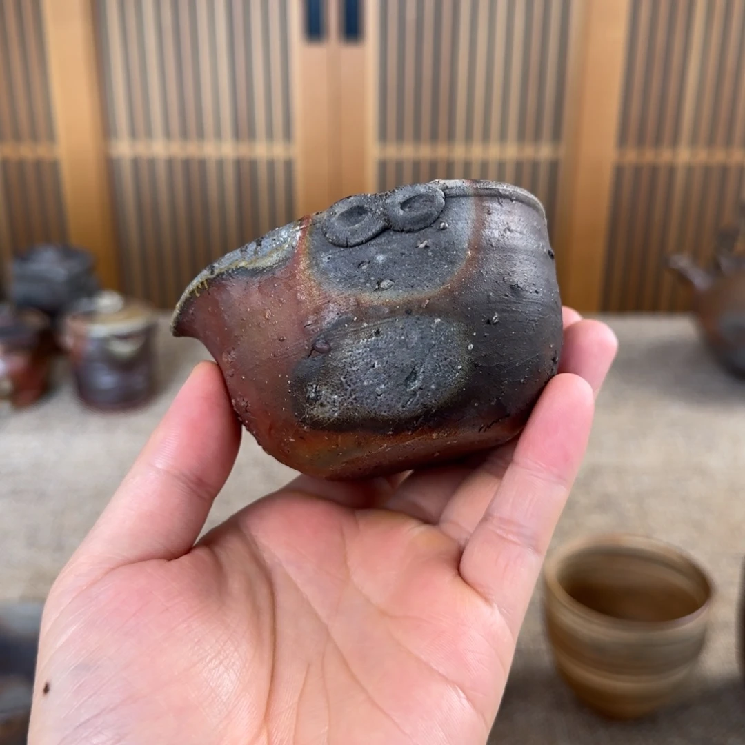 铃木黄弌 备前烧公道杯 两裂