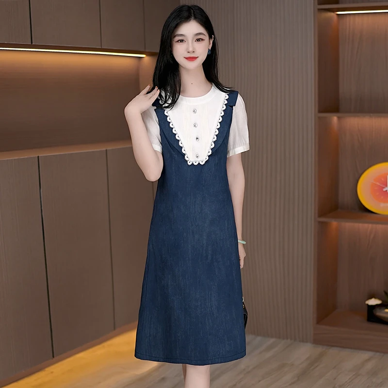 夏季连衣裙新款显瘦拼色时尚减龄中长款薄款设计感显瘦裙子女