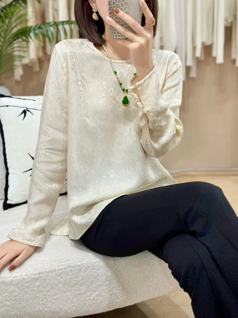 提花长袖斜襟圆领上衣国风小衫