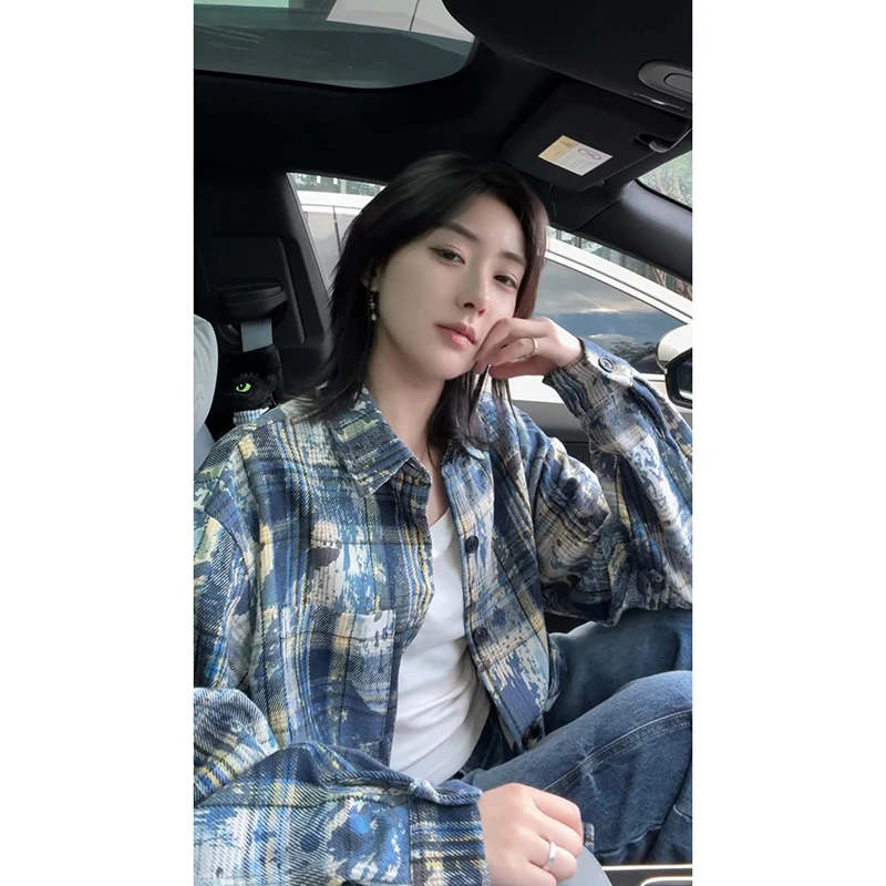 美式复古泼墨扎染格子衬衫男秋季cleanfit宽松衬衣设计感情侣外套