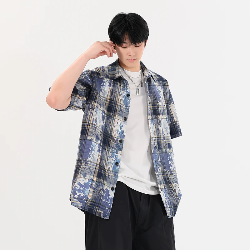 美式复古嘻哈扎染泼墨格子条纹舒适休闲宽松单排扣夏季短袖衬衫