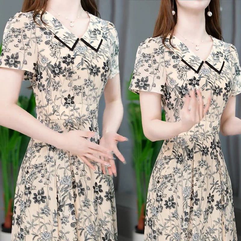 25年夏季新款时尚短袖连衣裙女气质显瘦减龄中长款印花休闲裙子女