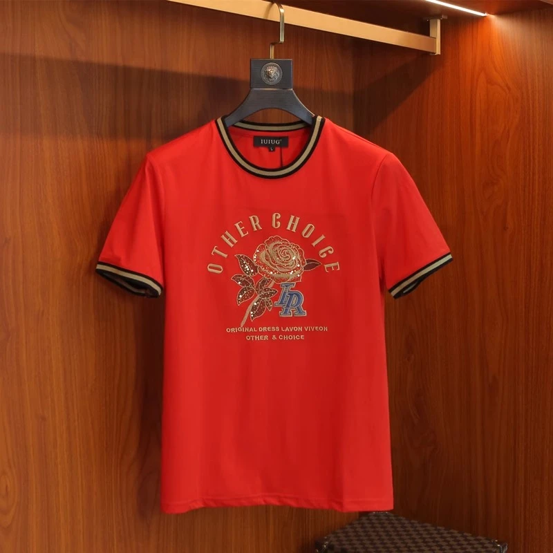 埃卢涅芬欧货潮牌刺绣夏季丝光棉短袖男士个性休闲圆领修身半袖打