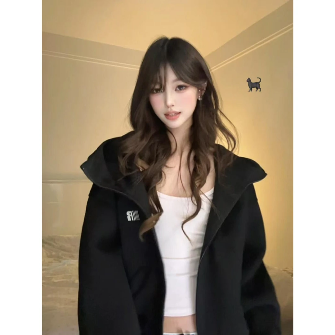韩版美式百搭设计潮流oversize连帽卫衣女秋冬季加绒拉链开衫外套