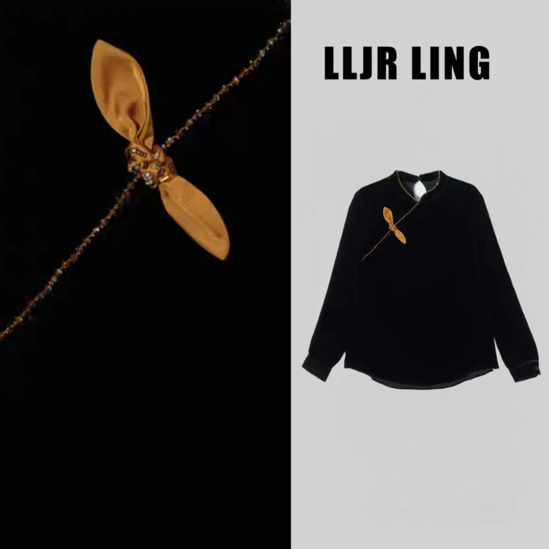 253712高端真丝丝绒上衣女装长袖宽松真丝衬衫斜襟金叶打底小衫