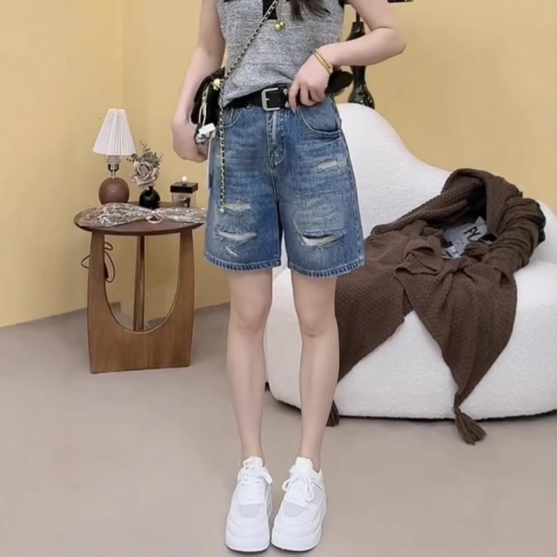 复古破洞牛仔短裤女夏季新款大码胖mm梨形身材高腰宽松显瘦阔腿裤