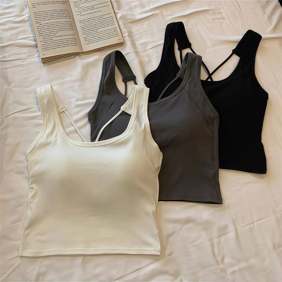 夏季新款纯色背心女大U领交叉美背无痕一体带胸垫外穿打底吊带E