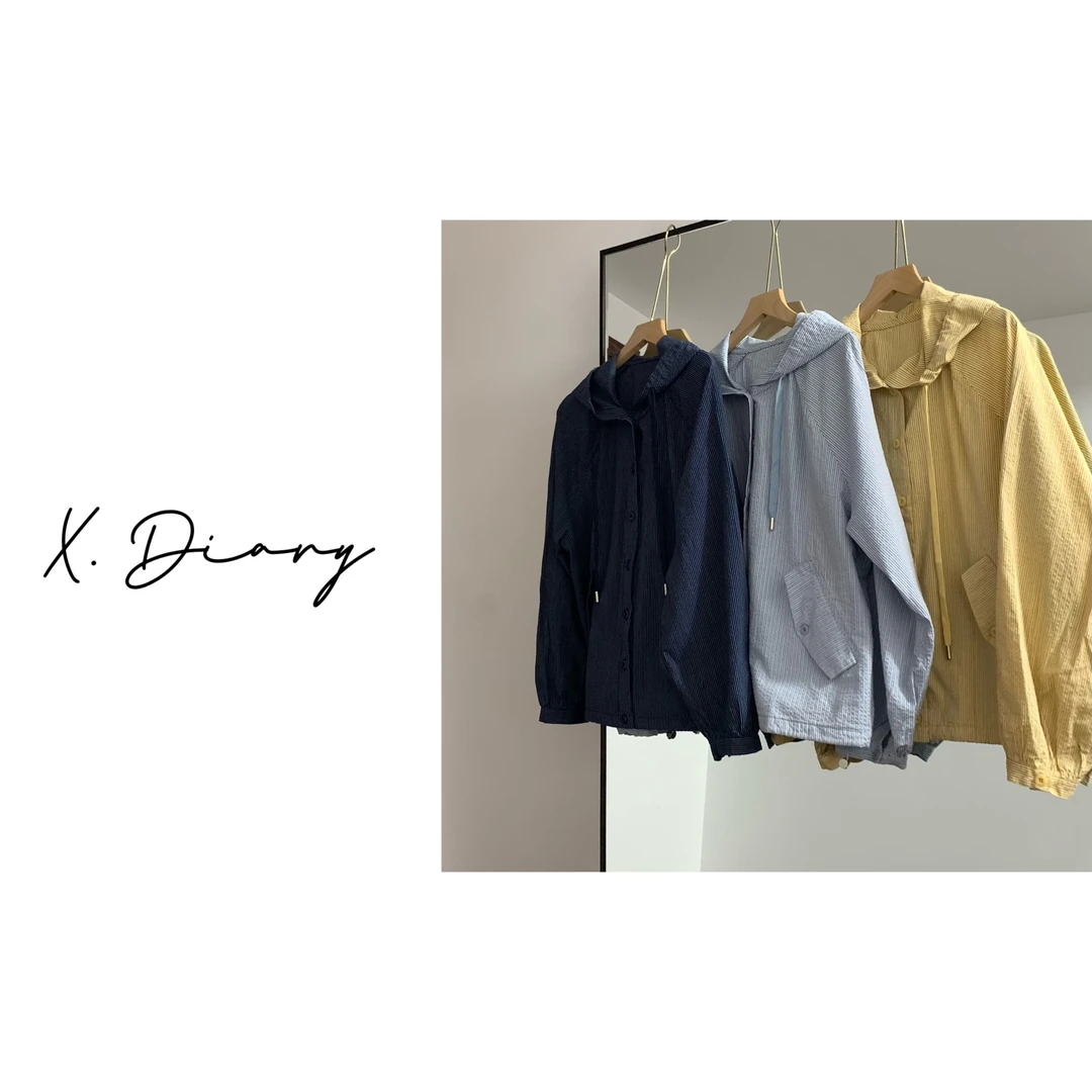 【X.XIA】连帽卫衣肌理感竖条纹薄款棉开衫外套