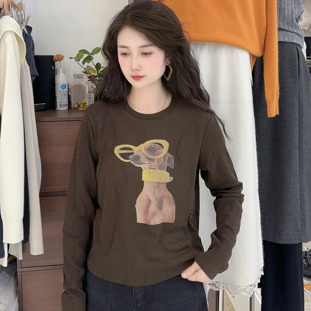 芬芬精选 眼睛狗T圆领常规长袖印花T恤修身型宽松型