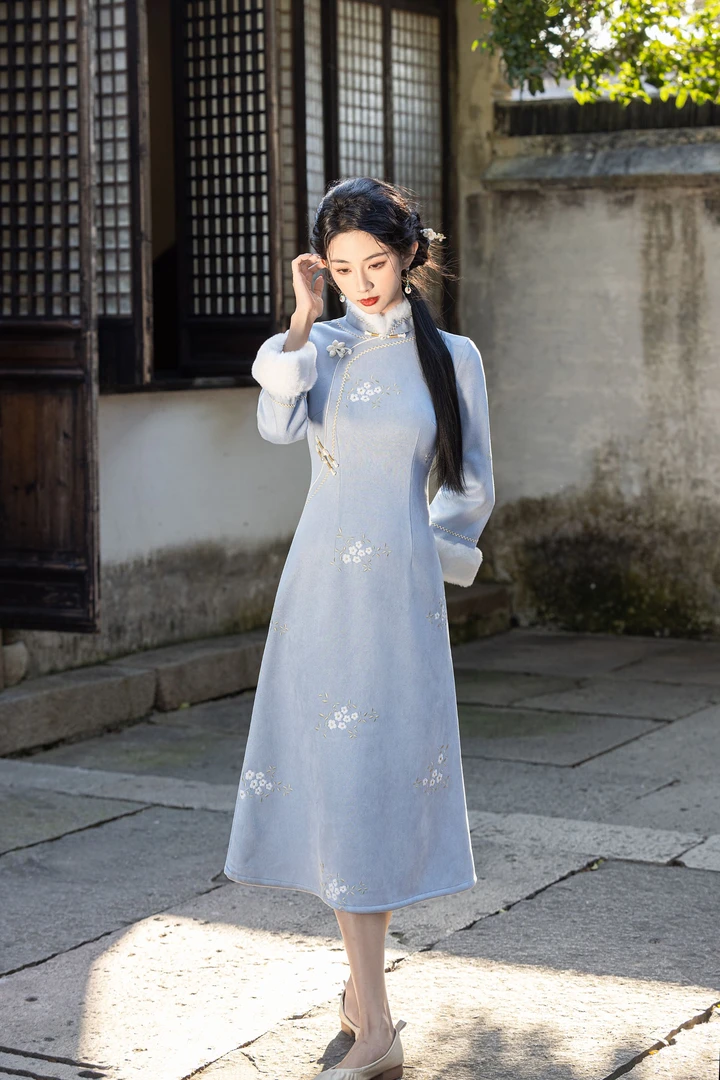 [非晚]2024改良款冬季修身日常气质少女显瘦旗袍中长款连衣裙