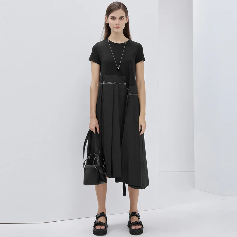 圣迪奥时尚圆领撞色线迹飘带不规则摆短袖连衣裙S19281210