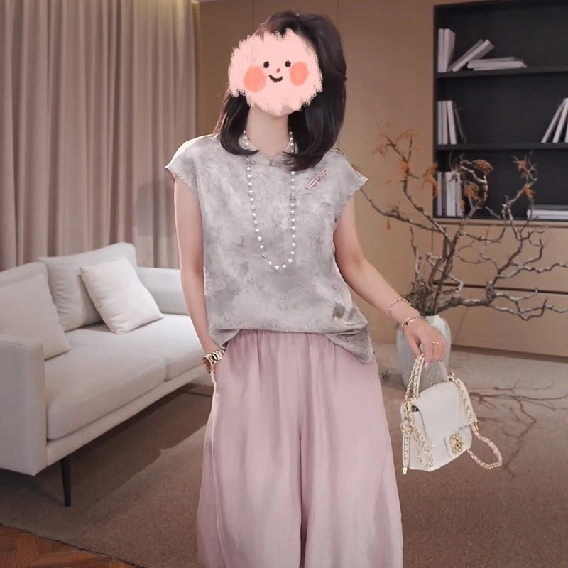 高级夏季国风新中式撞色盘扣上衣套装高腰直筒休闲裤两件套气质风