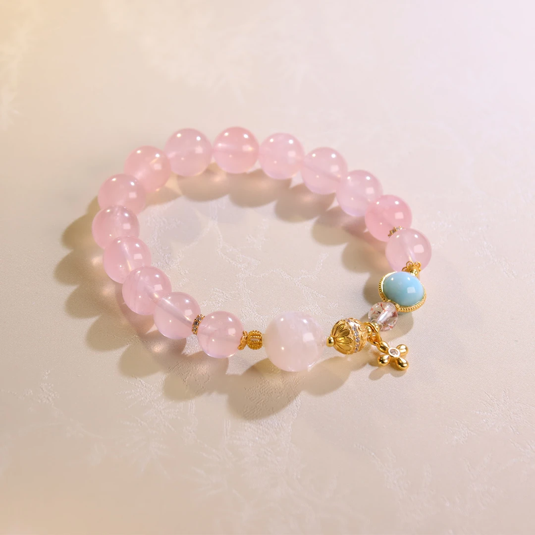 <桃夭>马粉粉水晶海纹石多宝卡9mm芙蓉石手串+S925银镀金镶嵌