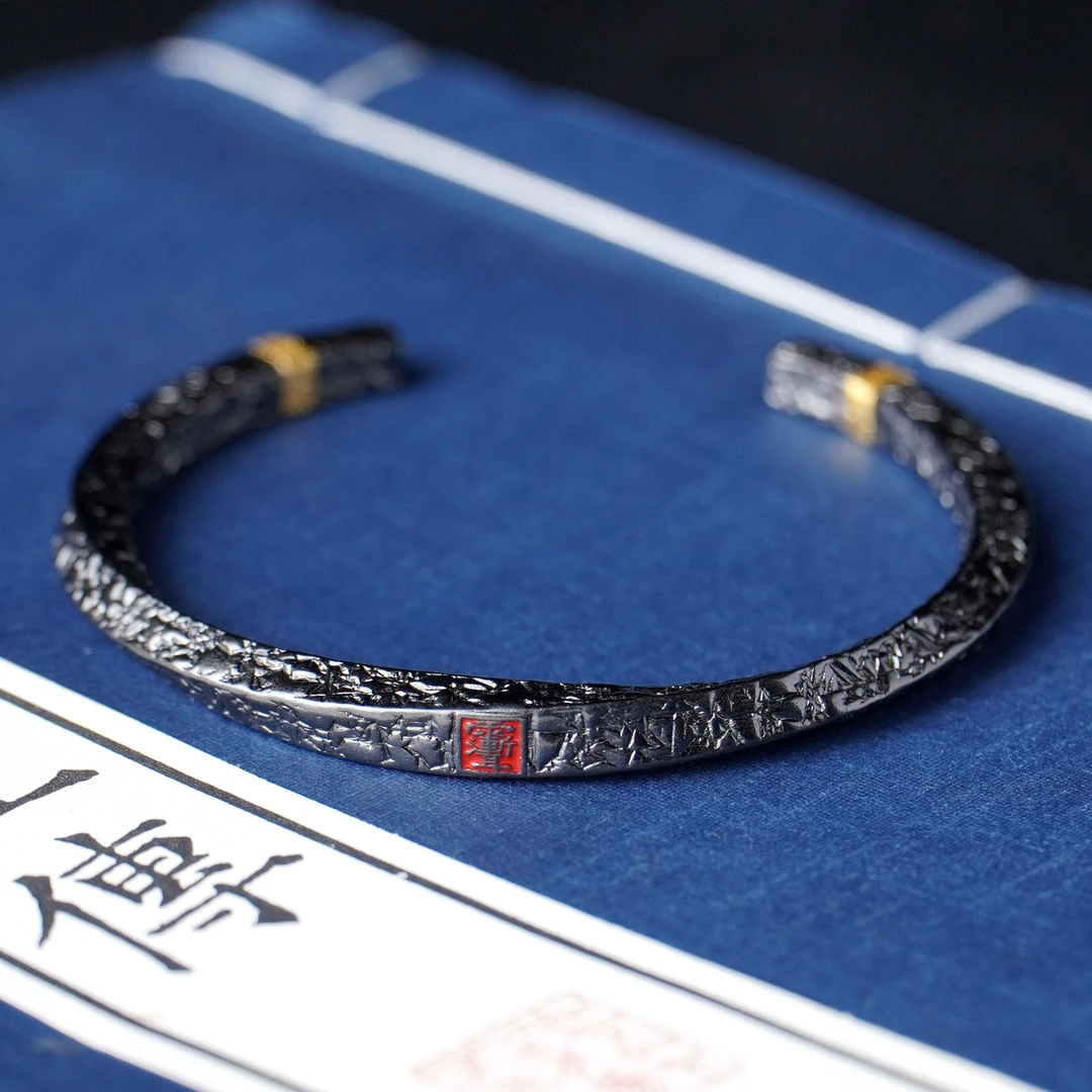 925银手镯 国风【银镶金手镯】民族风时尚复古素款百搭