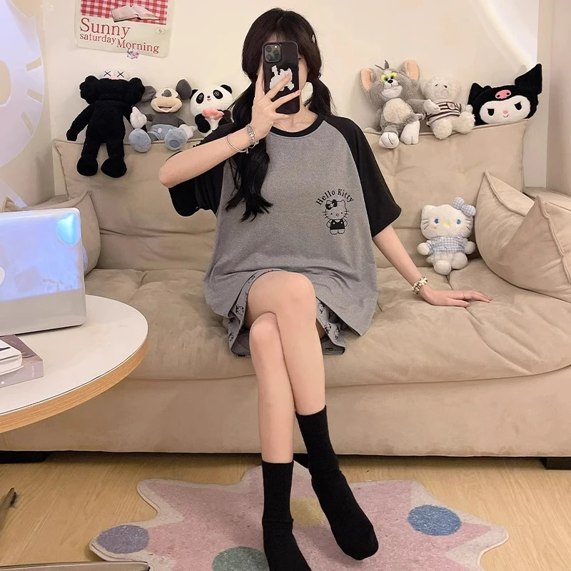 睡衣女夏季短袖薄款可爱卡通女士宽松大码胖mm孕妇家居服两件套装